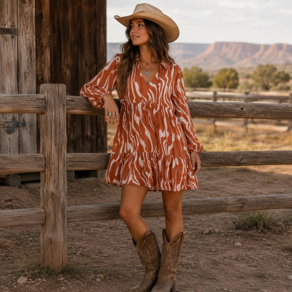 Day + Moon Orange White Abstract Swirl Tiered Mini Dress Long Sleeve Small